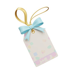 Blank gift tag with blue ribbon and gold string isolated on transparent background