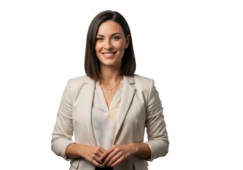 Professional business woman in blazer smiling portrait photo for corporate use, stock image, isolated on transparent background