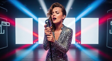 Female singer performing on stage with vintage microphone