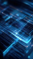 Abstract digital circuitry with glowing blue lines and futuristic grid patterns