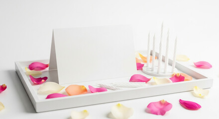 Blank White Card Rose Petals Birthday Candles Clean Minimalist Celebratory Backdrop Mockup Template