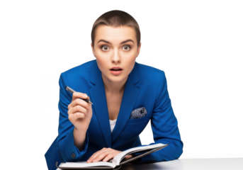 Surprised businesswoman in blue suit holding pen and notebook looking upward stock photo isolated on transparent background