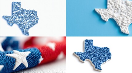 A four-panel collage showcasing textured representations of a state's outline with patriotic color themes