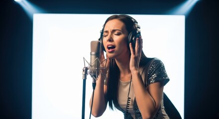 Female singer with headphones singing into microphone in a recording studio