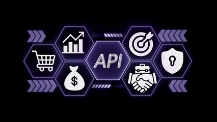 A P I technology icons on dark background with purple hexagons