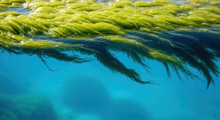 Underwater view of bright green algae floating near the surface