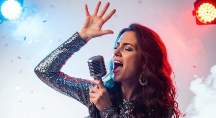 Singing woman holding microphone with confetti background