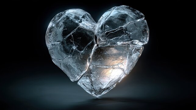 A shattered ice heart glowing softly against a dark background, symbolizing fragility and beauty.