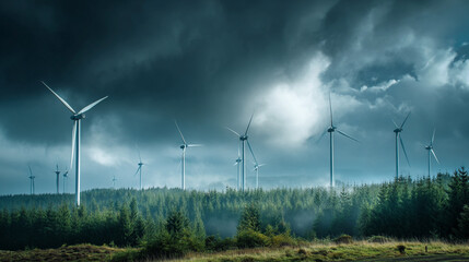 Obraz premium Wind turbines tower over a foggy evergreen forest under a dramatic and stormy sky
