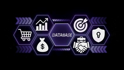 Business icons in hexagonal frames with database text