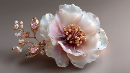 Elegant handcrafted jewelry piece featu a delicate pink and white flower design with gold accents and sparkling gemstones on a neutral background