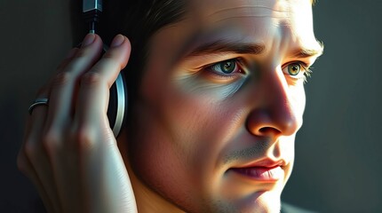 Man Listening Headphones with Indoor Portrait.