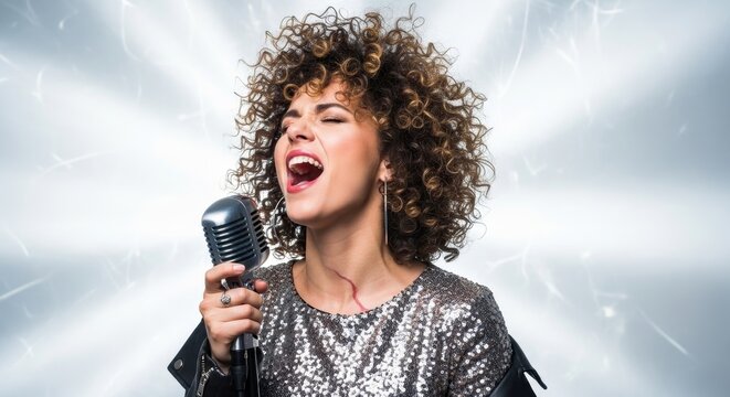 Passionate female singer with curly hair performing into silver retro microphone.