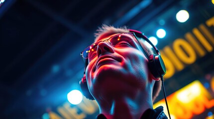 Man listening music with neon lights.