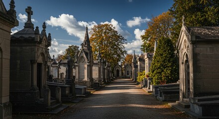 Obraz premium Historic Père Lachaise Cemetery in Paris Autumnal Pathway Among Ornate Tombs & Mausoleums