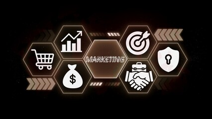 Marketing strategy icons in hexagonal frames on dark background