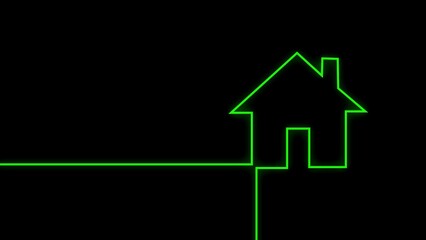 Neon green house outline on black background home building