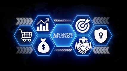 Money concept with business icons in glowing hexagons