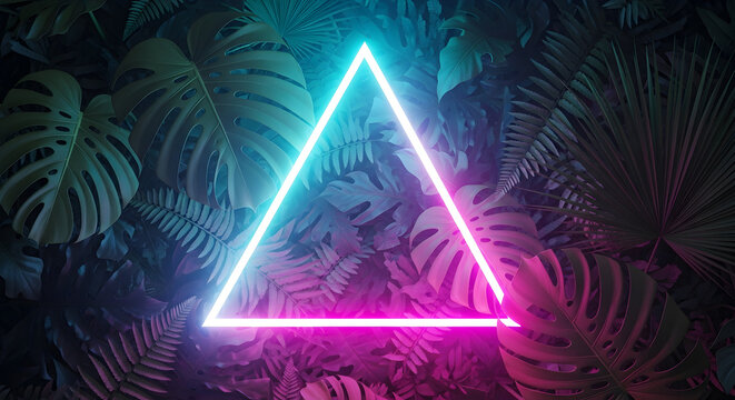Tropical Neon Triangle Glowing Plants Background Vibrant Leaf Pattern Creative Design Concept Nature Inspired Geometric Light Shape Ferns Leaves - Powered by Adobe