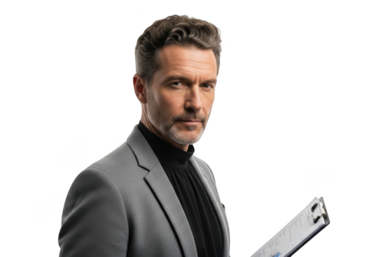 Professional businessman holding clipboard in gray suit portrait stock photo, isolated on transparent background