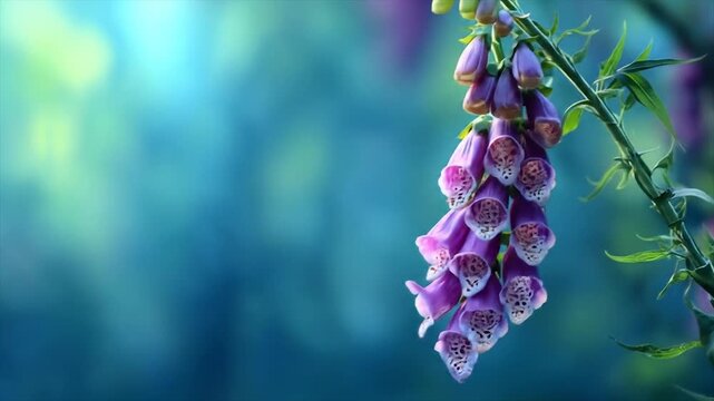 Close up of vibrant purple foxglove flowers with soft bokeh background