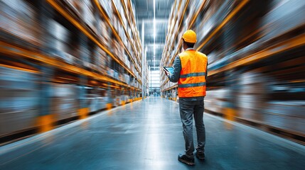 A warehouse worker in a safety vest checks inventory in a bustling, dynamic storage space, emphasizing efficiency and organization.