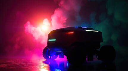 Futuristic vehicle with night, smoke, and dark.
