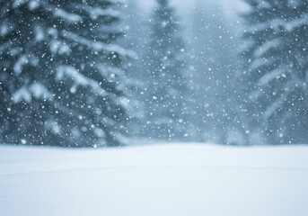 Magical winter scene of a snowstorm in a forest with falling snow bokeh in the foreground
