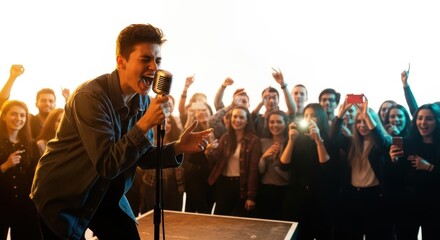 Young male singer performing live on stage in front of cheering crowd