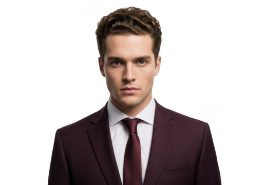 Professional headshot portrait of a young man in burgundy suit with tie looking at camera isolated on transparent background - Powered by Adobe
