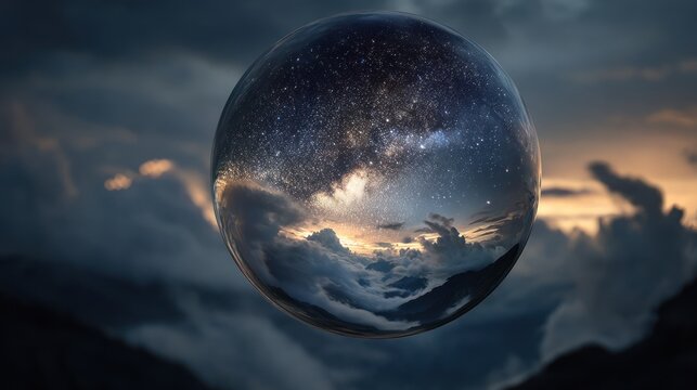 Celestial Orb in the Sky: A crystal ball reflects the cosmos, held aloft against a dramatic, cloud-filled sky at dusk, capturing a sense of wonder and mystery.