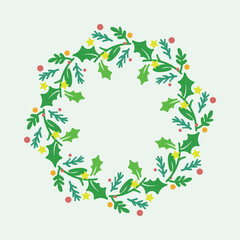Christmas wreath made of holly leaves, pine branches, yellow stars and red berries. Colorful festive round frame, perfect for holiday cards, invitations