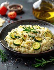 Zucchini risotto plate, olive oil, tomato on dark surface