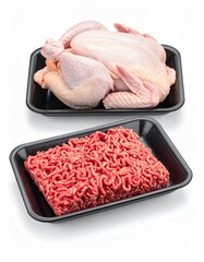 Chicken and ground meat in trays, raw