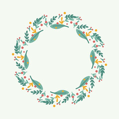 Botanical wreath with green foliage, yellow accents, and red berries. Elegant round floral frame, perfect for holiday cards, invitations, wedding decor, or seasonal design projects vector