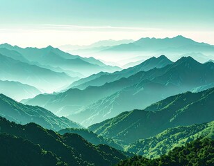Layered mountains fade in teal hues, misty and forested