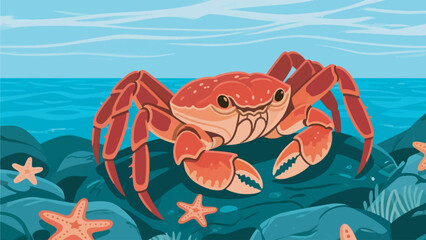 Illustration Of A Red Giant Crab On A Rocky Seabed With Starfish Vector Design Template