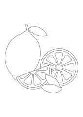 Vector line art of lemon with leaf, with slices cut off, simple outline drawing for coloring pages, kids activity, education, healthy food theme, modern minimal style.