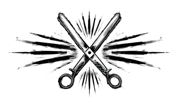 A pair of crossed scissors with a burst isolated on transparent background