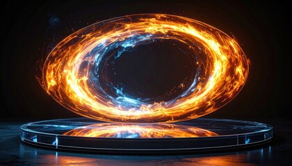 Fiery oval portal hovers above platform