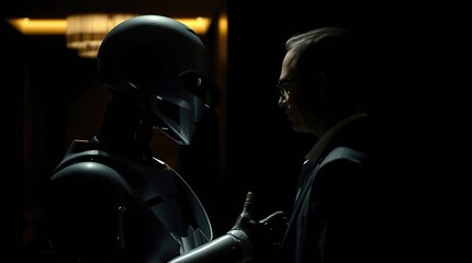 Man meets robot with dark hotel.