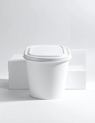 White container, lid on, sits before a white block