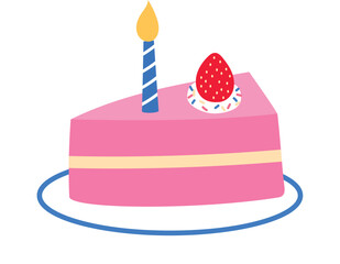 a slice of cake with strawberry and candle on plate, pink cute slice of birthday cake, 