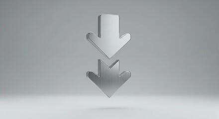 Two metallic arrows pointing down indicating download isolated on white background