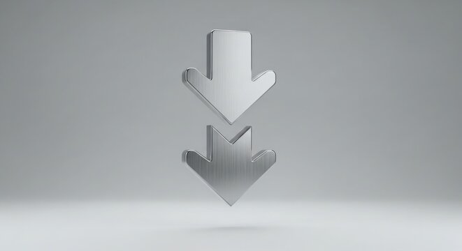 Two metallic arrows pointing down indicating download isolated on white background