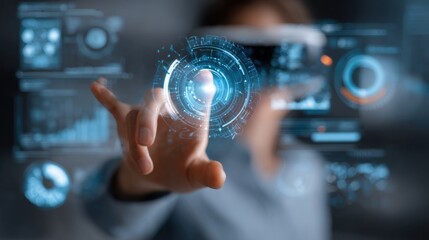 Person interacting with futuristic holographic interface displaying digital data and circular UI elements