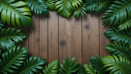 Tropical Leaves Frame on Wooden Background with Natural Green Foliage Border for Summer and Exotic Design