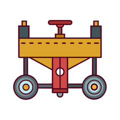 Stylized flat design illustration of a vintage mechanical device with wheels and a crank