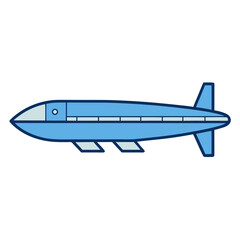 Stylized blue blimp aircraft with fins and landing gear on black background