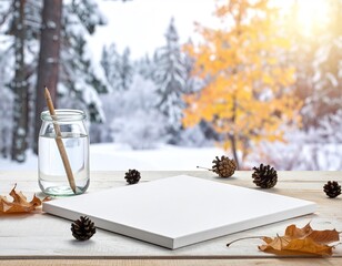 Blank canvas & water jar set against winter forest scene